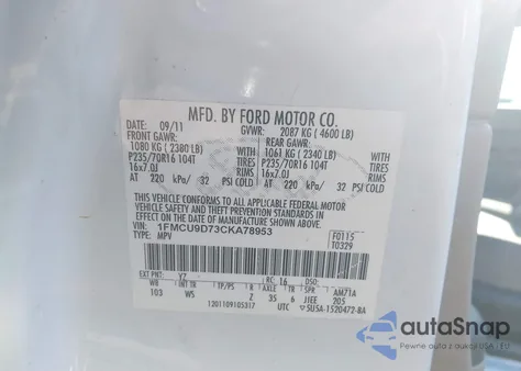 2012 Ford Escape Xlt z USA, uszkodzony, nr VIN 1FMCU9D73CKA78953